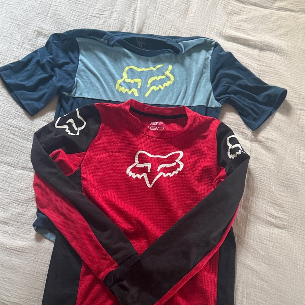 2 Fox tops. Red and Black Long Sleeve Kids Jersey. Blue Short Sleeve.